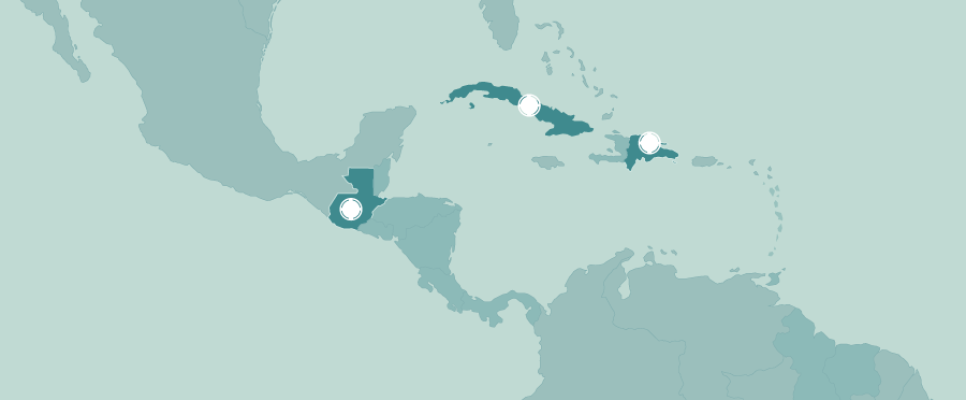 Mapa Centroamérica y el Caribe conGuatemala, Cuba y República Dominicana resaltados