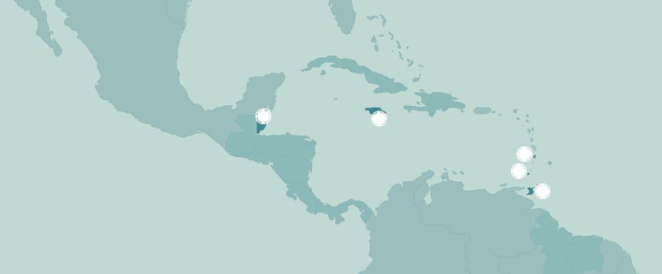 Mapa Centroamérica y el Caribe con Belice, Granada, Jamaica, Santa Lucía y Trinidad y Tobago resaltados