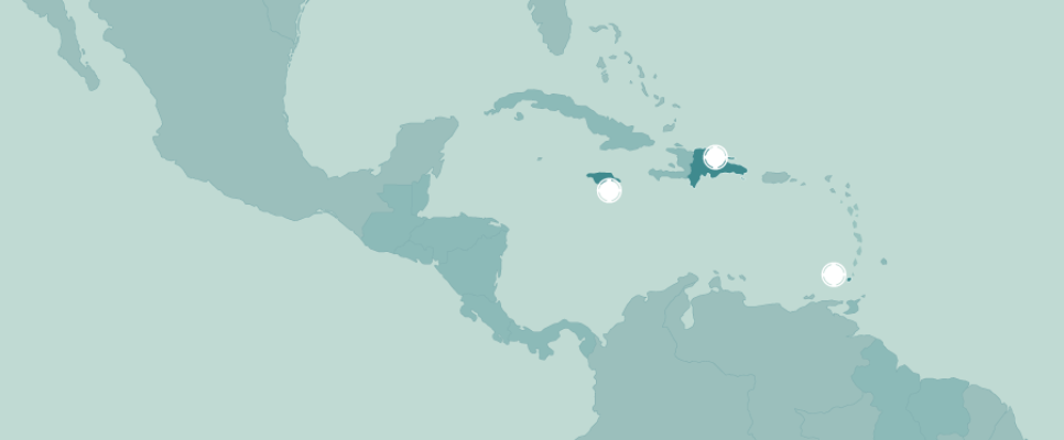 Mapa Centroamérica y el Caribe con República Dominicana, Granada y Jamaica resaltados